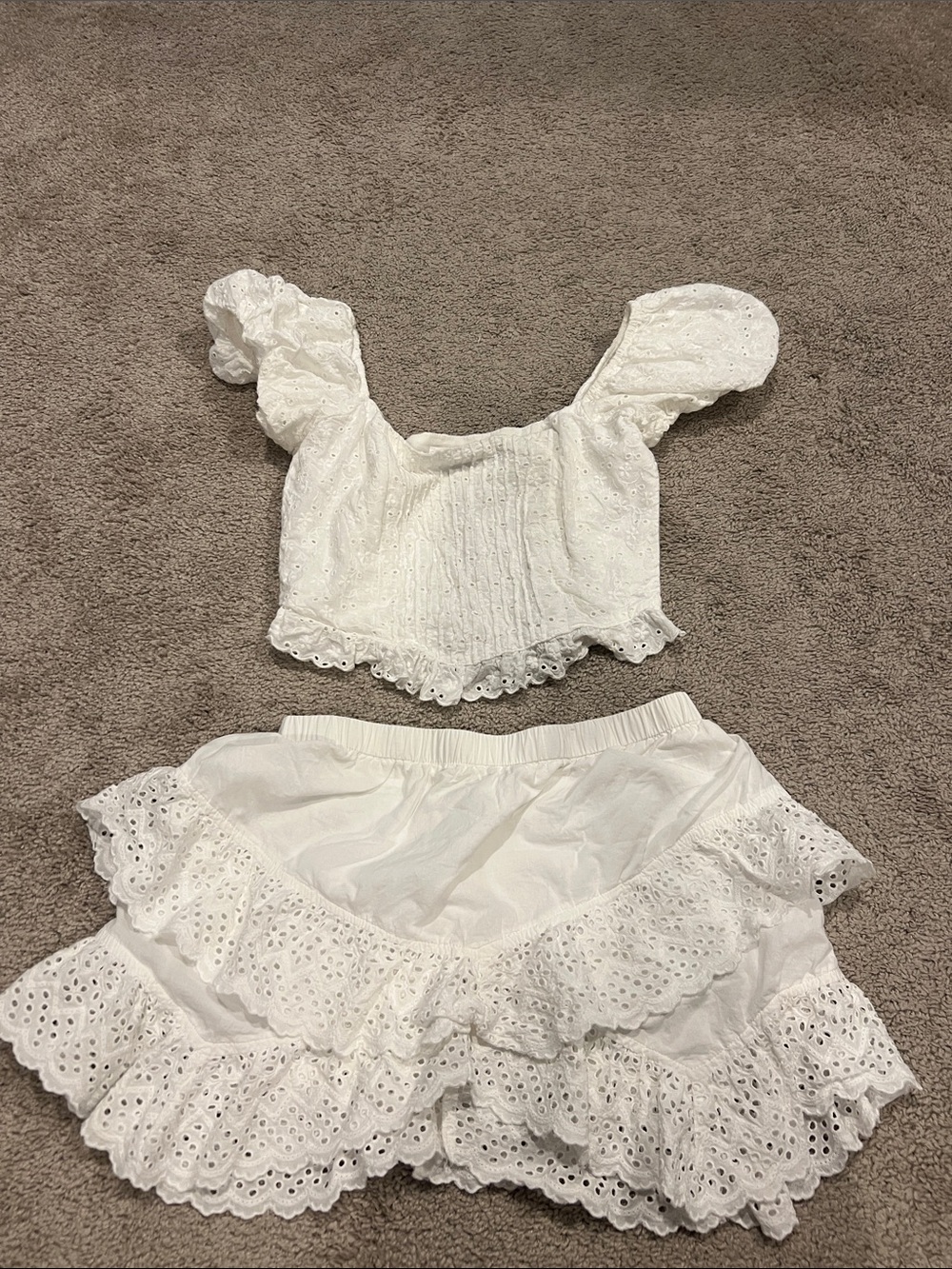 Olivaceous White Eyelet Crop Top & Ruffle Mini Skirt Set